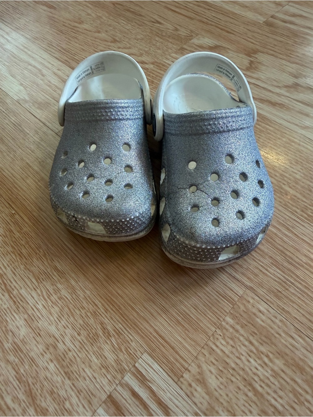 Crocs Toddler Size 7 Silver Glitter Sparkle Classic Clogs White Strap